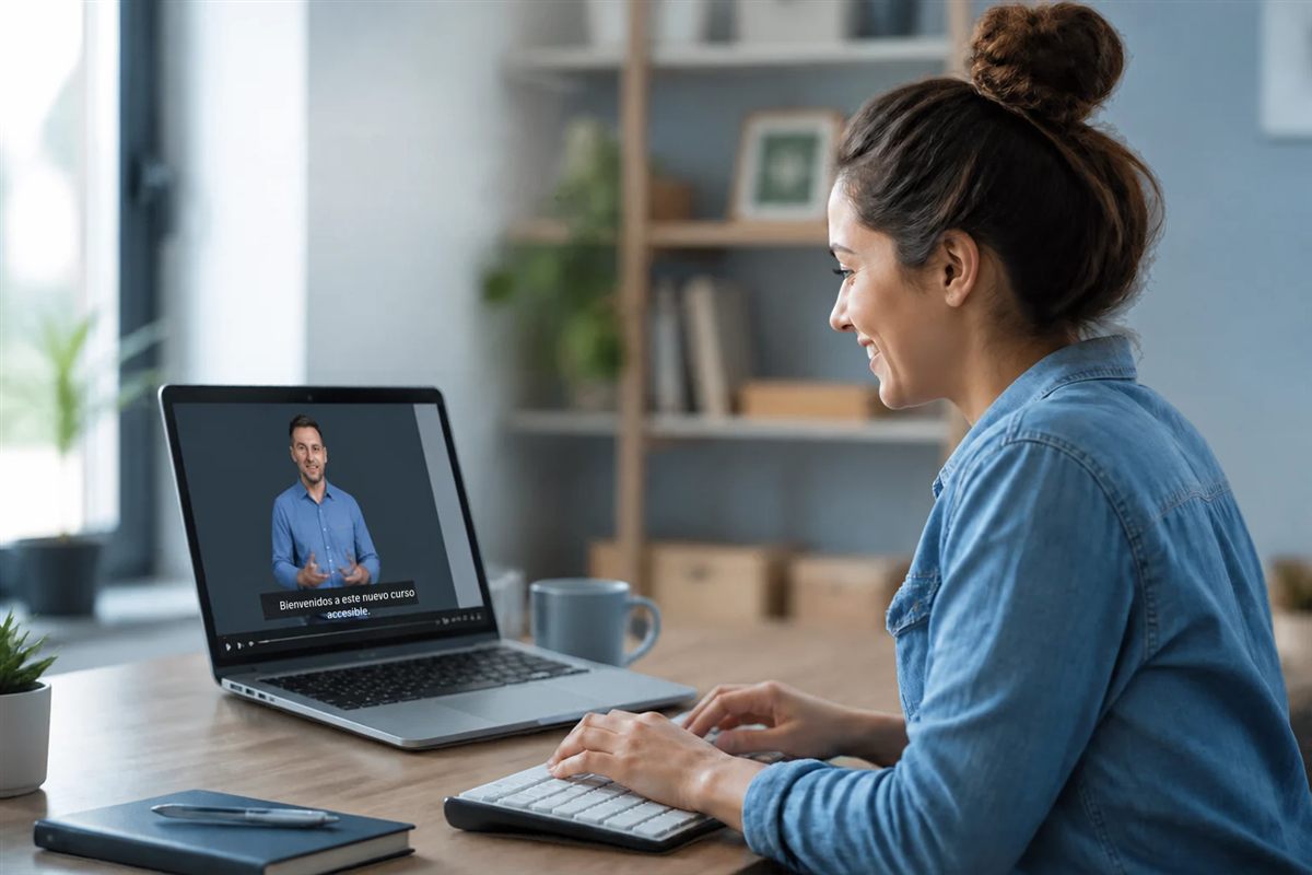 Servicios de accesibilidad y comunicación inclusiva Mujer siguiendo un curso online con vídeo en su portátil
