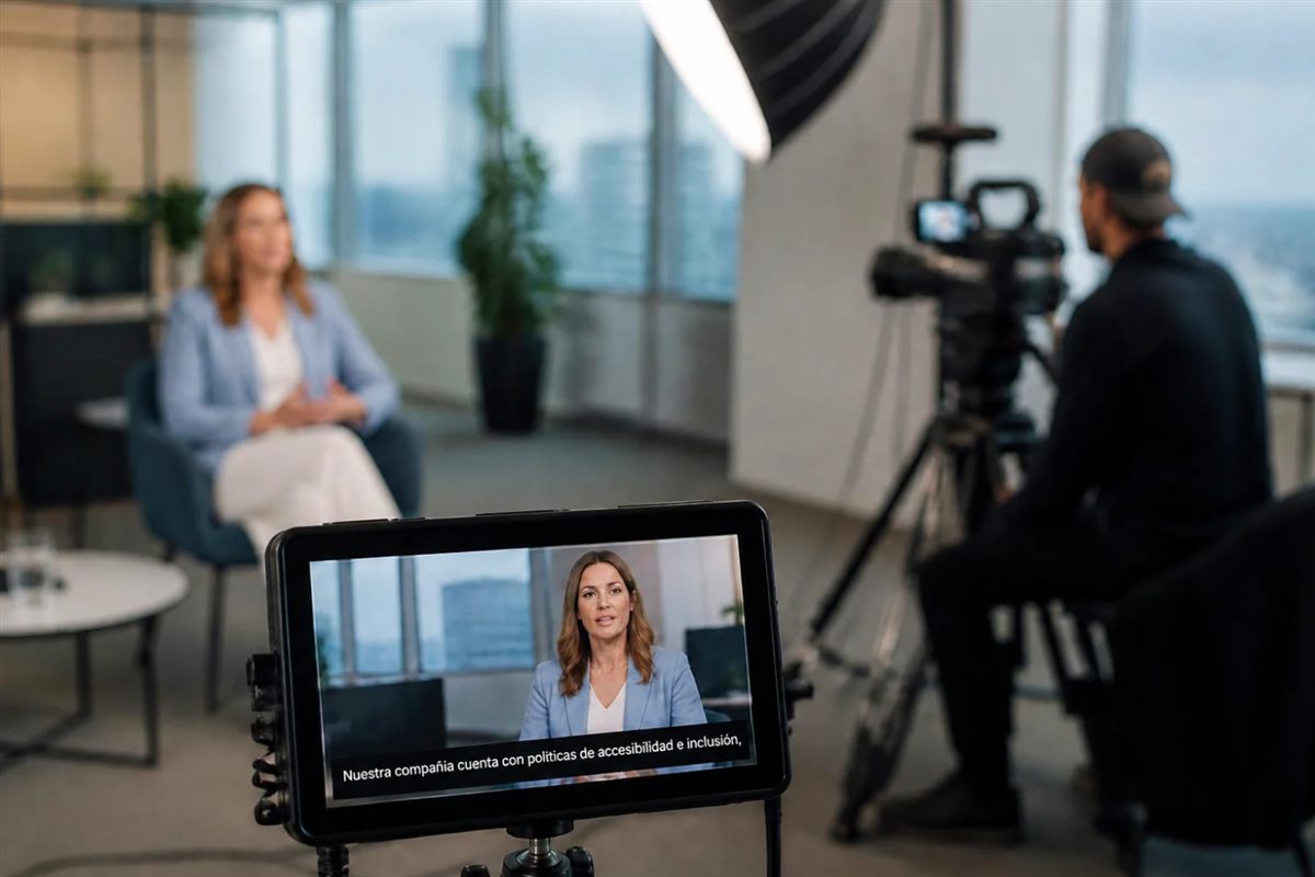 Servicios de accesibilidad y comunicación inclusiva Rodaje de un vídeo corporativo con una entrevista y un monitor de vídeo con barra de subtítulos